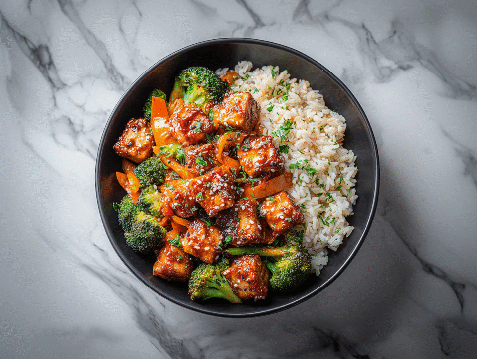 Tofu salteado com legumes e molho de amendoim